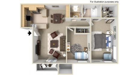 Floor plan for 2 beds, 1 bath, 940 sqft